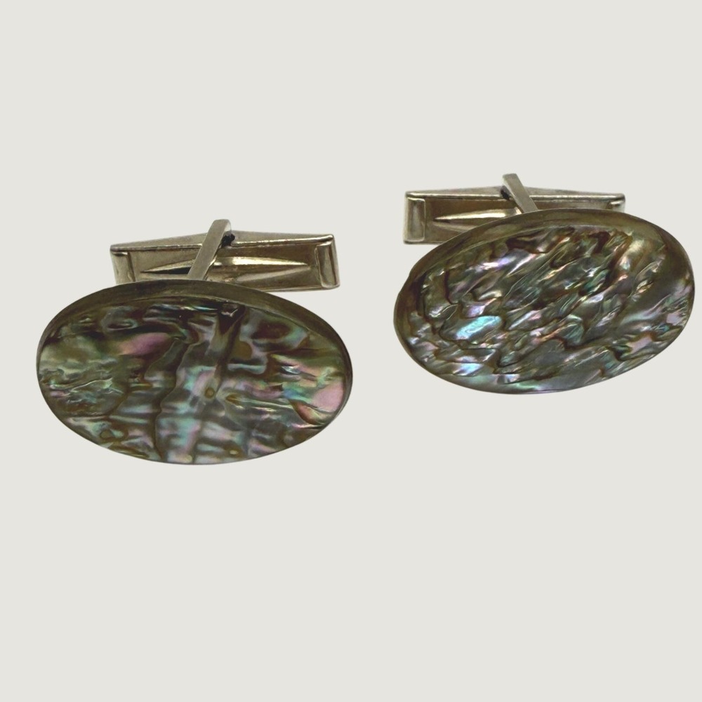 Vintage Abalone Shell Oval Cufflinks Silver Tone Iridescent Mother of Pearl